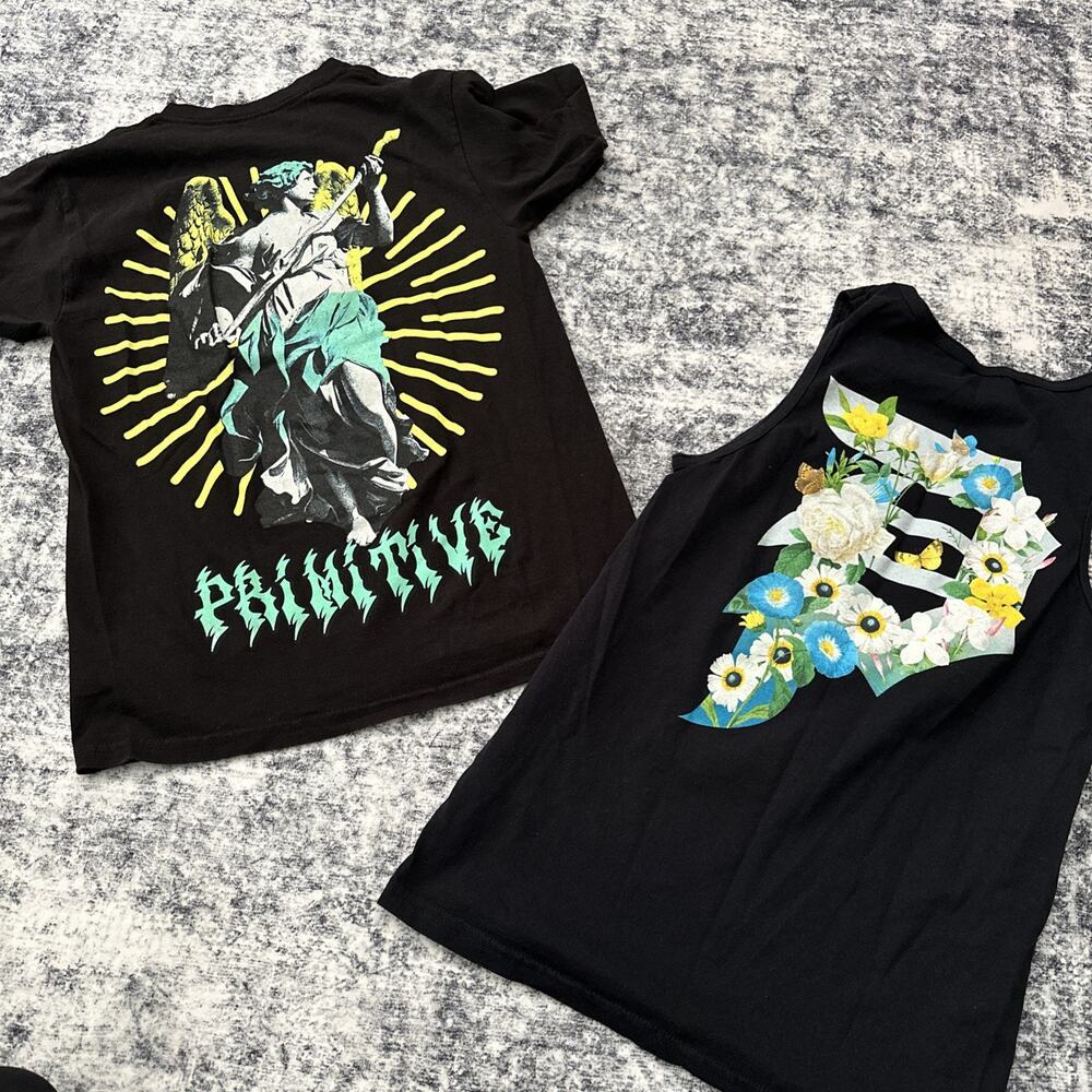 Small Primitive Skateboarding Mens Shirt Lot, Black Tank Top Floral, Angel Black